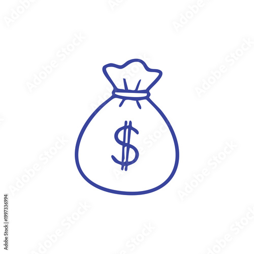 Hand drawn doodle of a money bag icon with dollar sign.