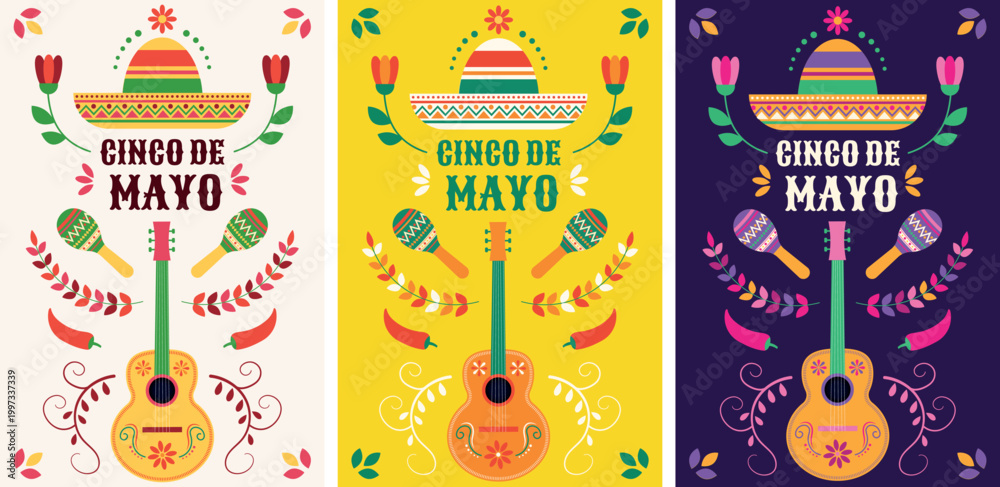 Fototapeta premium Set of vertical vector posters for Cinco de Mayo featuring sombreros, maracas, and a guitar