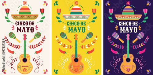 Set of vertical vector posters for Cinco de Mayo featuring sombreros, maracas, and a guitar
