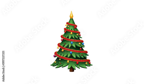 A vibrant 3d rendering of a decorated christmas tree complete with ornaments and twinkling lights on a white background