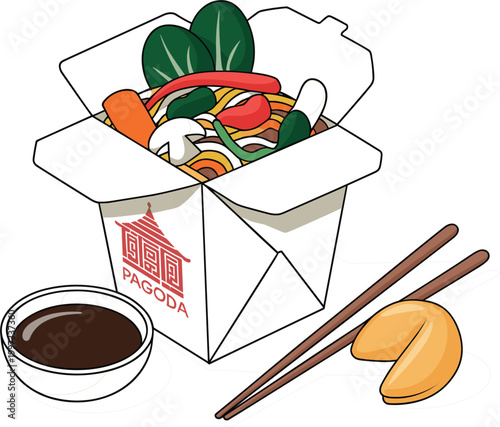 Professional flat design illustration of a Chinese takeout noodle box with fresh vegetables, chopsticks, and a fortune cookie vector.