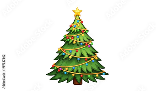 A vibrant and cheerfully decorated christmas tree stands prominently adorned with colorful lights and a golden star on top