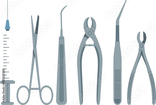 Professional illustration of stainless steel medical and surgical instruments including a syringe, forceps, and scissors vector.