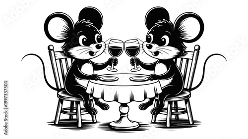 Two cartoon mice toasting with wine glasses at a table illustration celebration excitement friendship