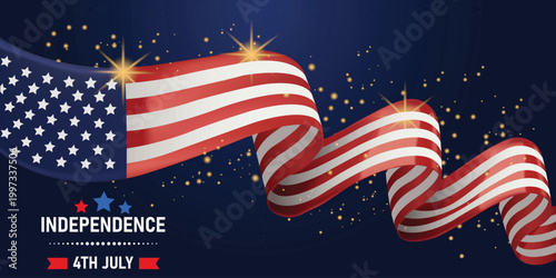 Celebrating Independence: A patriotic illustration of the American flag unfurling gracefully, symbolizing freedom, and unity with shimmering stars.