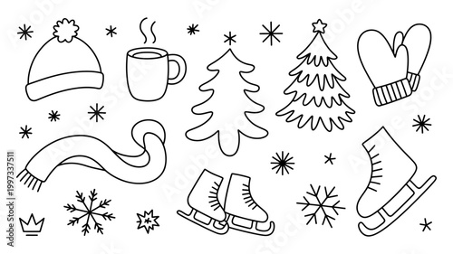 Winter holiday doodle icons including a christmas tree hat scarf mittens ice skates with christmas, collection