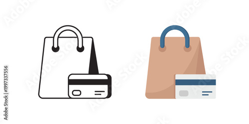 Shopping bag and credit card checkout, minimalist flat icon set showing paper bag with handle and detachable credit card