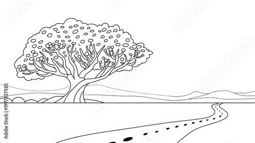 Winding road leading to a large acacia tree in a dry landscape line art drawing black and white landscape