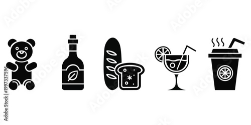 Iconic Beverages and Foods: A graphic arrangement showcases an array of familiar and comforting items, each offering a unique sensory experience. 