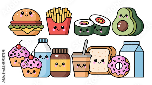Cute kawaii style cartoon collection of popular foods and drinks including a burger fries sushi avocado