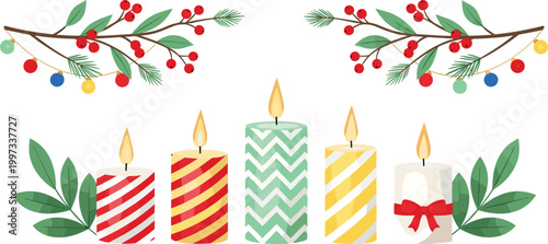 Christmas candle and holly branch vector set with colorful striped chevron candles red berries pine leaves festive holiday decoration illustration collection