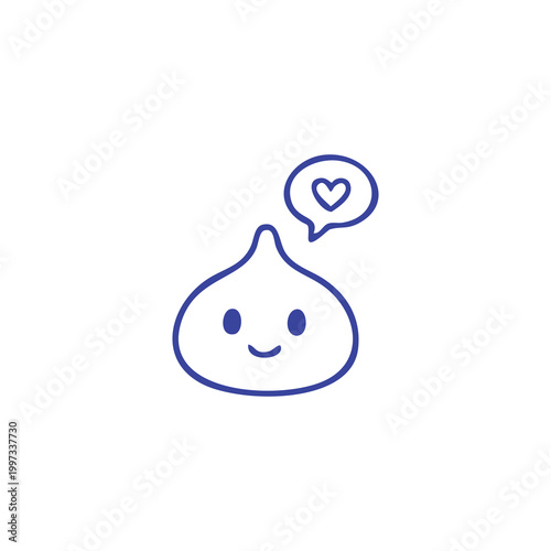 Cute cartoon mochi character with a heart speech bubble.