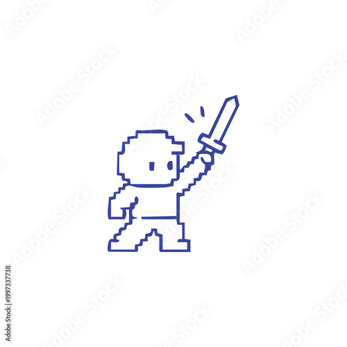Pixel art style hero character holding a sword icon.