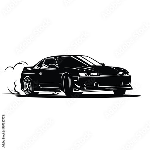 Sport coupe car drifting fast on asphalt track silhouette