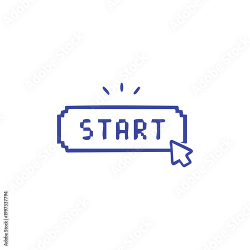 Pixel art start button with a computer mouse cursor clicking it.