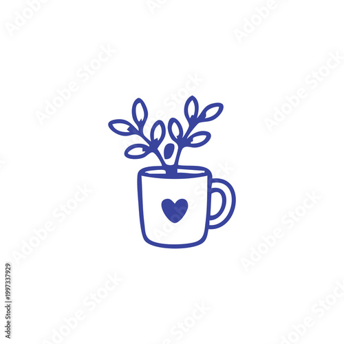 Hand drawn doodle of a cup with a plant and a heart icon.