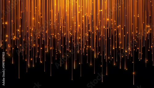 Glowing orange fiber optic strands hanging from above on black background futuristic technology concept with warm lighting and high tech atmosphere