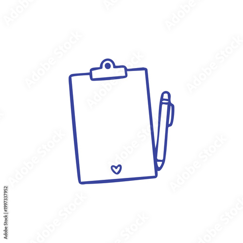 Doodle style clipboard with pen and heart icon.