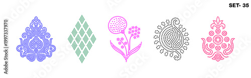 Rhinestone hotfix transfer buta set, floral, geometric diamond shape pattern design for laser cutting, 2.2 mm hole size 6 ss, set no.35