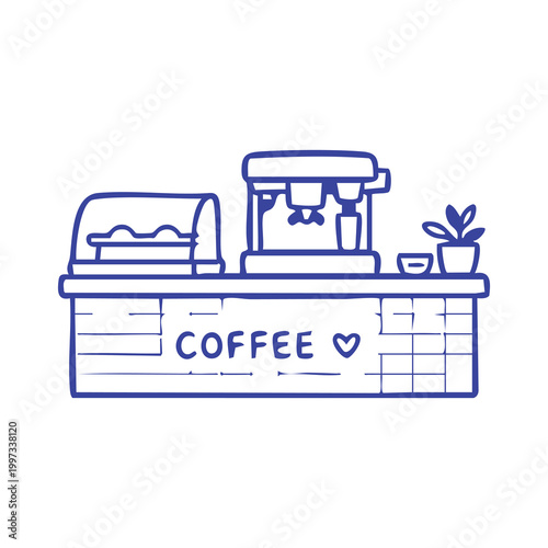 Hand drawn illustration of a coffee shop counter with an espresso machine.