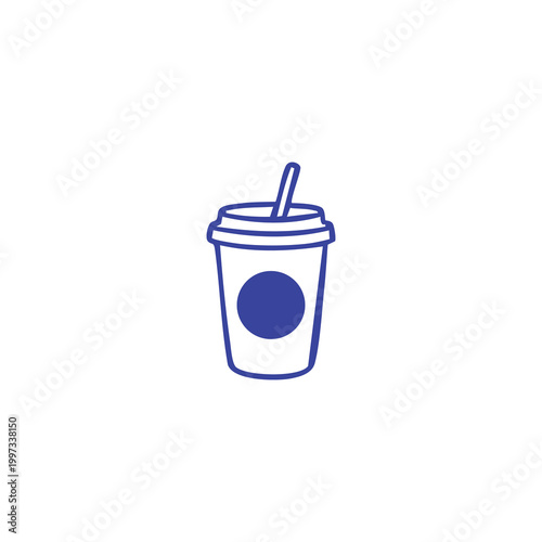 Minimalist blue line icon of a disposable coffee cup with a straw.