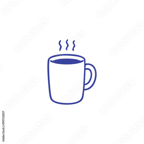 Minimalist blue line art icon of a steaming coffee mug.
