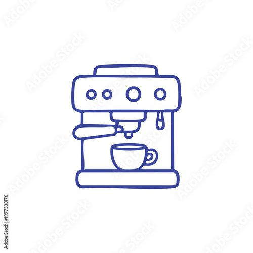 Hand drawn illustration of a professional espresso coffee machine with a cup.