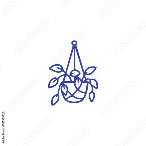 Minimalist line art icon of a hanging houseplant in a decorative pot.