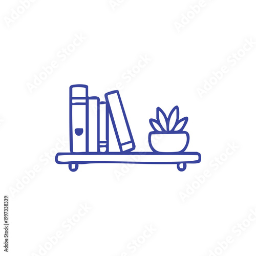 Hand drawn illustration of a shelf with books and a small potted plant.