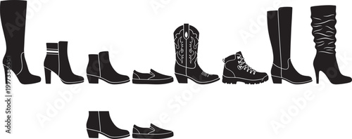 Footwear silhouettes icons set, boots loafers hiking cowboy shoes, fashion shoe design illustration, footwear style diversity concept