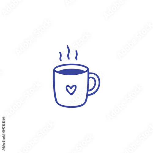 Hand drawn purple outline coffee mug icon with heart symbol.