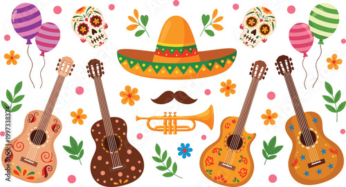 Colorful Mexican fiesta vector set with guitar, sombrero, sugar skull, trumpet, balloon, mustache and flower Cinco de Mayo celebration decoration collection