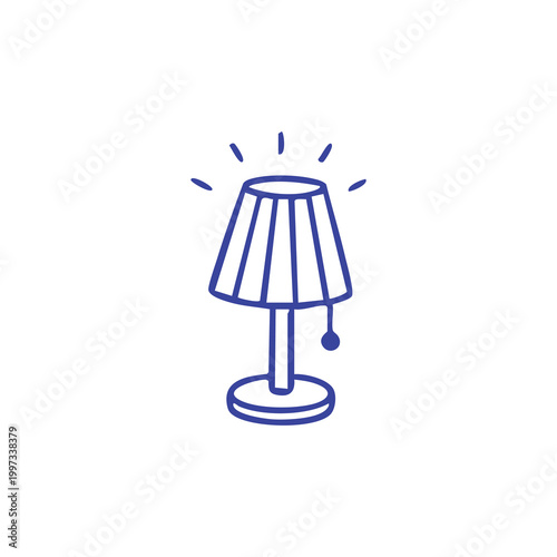 Minimalist blue line art icon of a table lamp with pull switch.