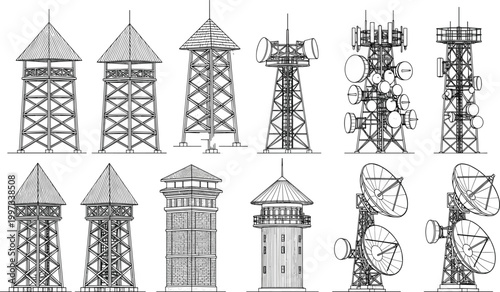 Collection of observation towers and telecommunication masts line art vector icons featuring fire lookouts, watchtowers, and satellite dish communication antennas.