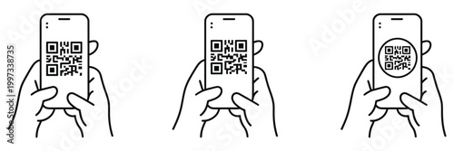 qr code scanning in smartphone hand holding mobile phone barcode scanner for pay mobile app web icon sheet vector illustration, modern digital payment technology concept