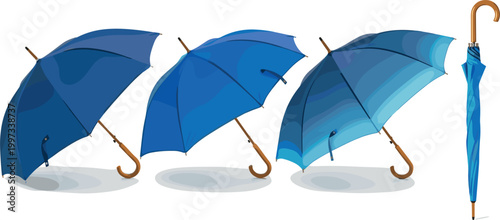 Blue Gradient Umbrella Set with Curved Handles for Rain Protection, Weather Gear, and Outdoor Accessories