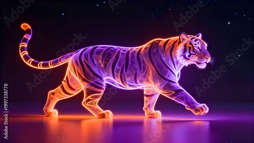 A digital illustration of a tiger made of vibrant neon light trails in purple and orange, walking across a reflective surface under a starry sky.