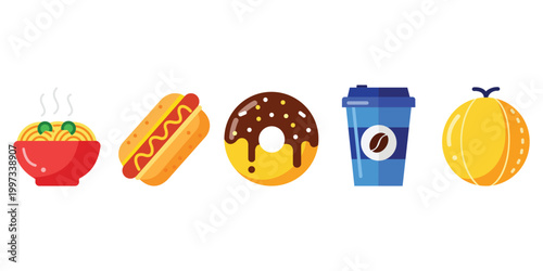 Variety of food items: a collection of tasty and diverse foods, including spaghetti, a hotdog, a donut, a cup of coffee and a melon, perfect for culinary and food-related projects.