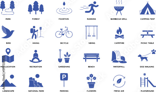 Park icon set. outdoor and park activity icon set in flat vector style. Containing forest, barbecue, camp, bench, picnic and playground icons.
Vector illustration eps10