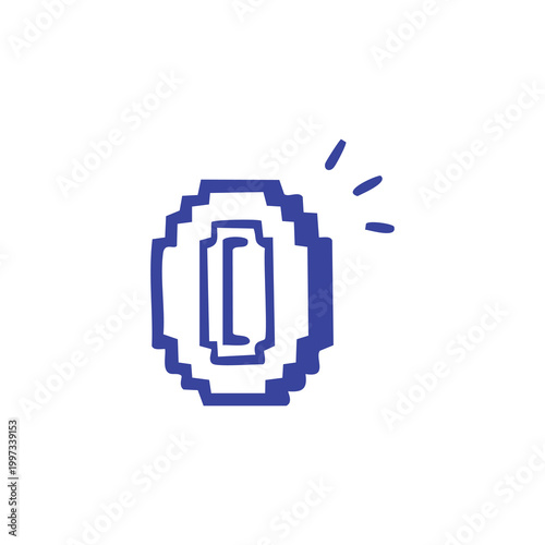 Pixel art style coin icon in blue outline.