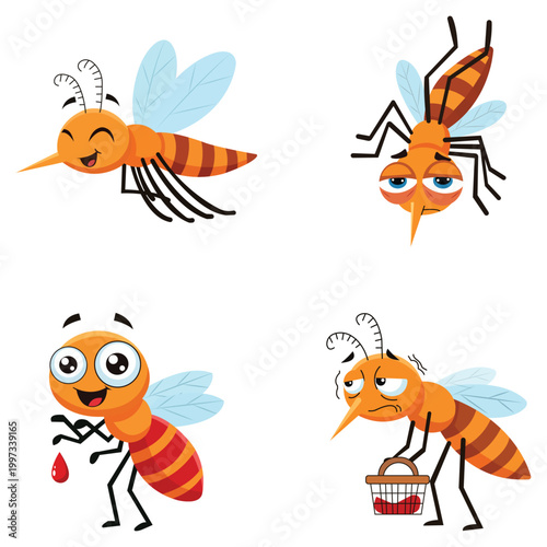 Cartoon Mosquito Illustration Collection: A vibrant collection of cartoon mosquito illustrations showcasing diverse emotions and poses, perfect for educational content or playful designs.