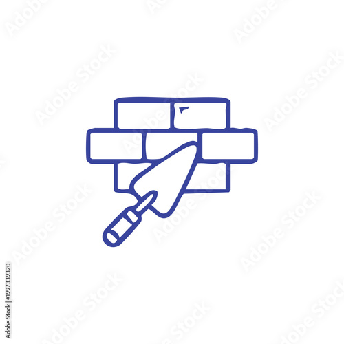Hand drawn doodle icon of a brick wall and a masonry trowel.