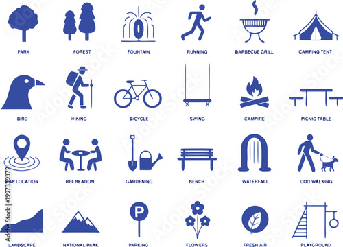 Park icon set. outdoor and park activity icon set in flat vector style. Containing forest, barbecue, camp, bench, picnic and playground icons.
Vector illustration eps10
