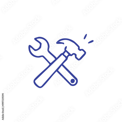 Crossed hammer and wrench line art icon representing repair and maintenance.