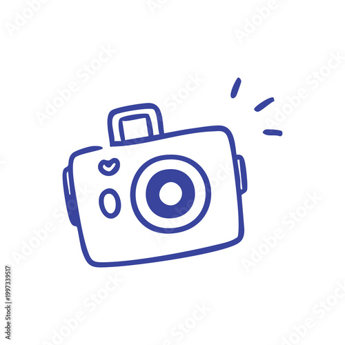 Simple blue hand drawn doodle camera icon illustration.
