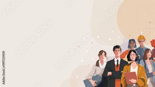 Collective Ambition: A diverse group of determined professionals, each representing various fields and aspirations, stands together in unity, embodying the spirit of collaborative progress.
