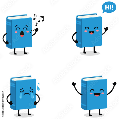 Book Character Emotion Set: A cheerful illustration showcasing the expressive nature of a book character, with different emotive expressions, perfect for educational materials and children's content.