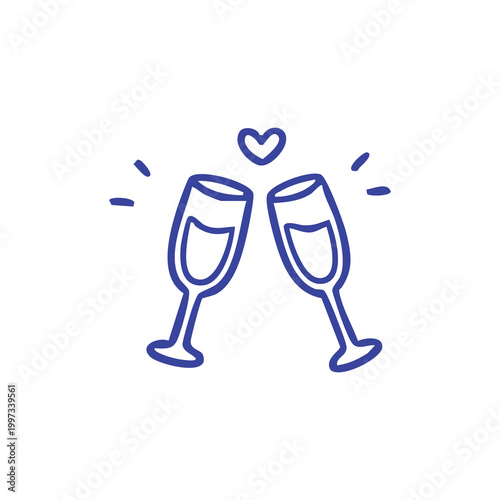 Hand drawn doodle illustration of two champagne glasses clinking together with a heart symbol.