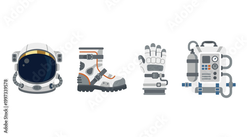 vector Essential space exploration equipment for astronauts, including a helmet, boot, glove, and oxygen tank.