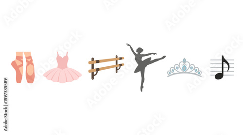 vector Elegant ballet essentials displayed, featuring pointe shoes, a tutu, barre, dancer silhouette, tiara, and music note.